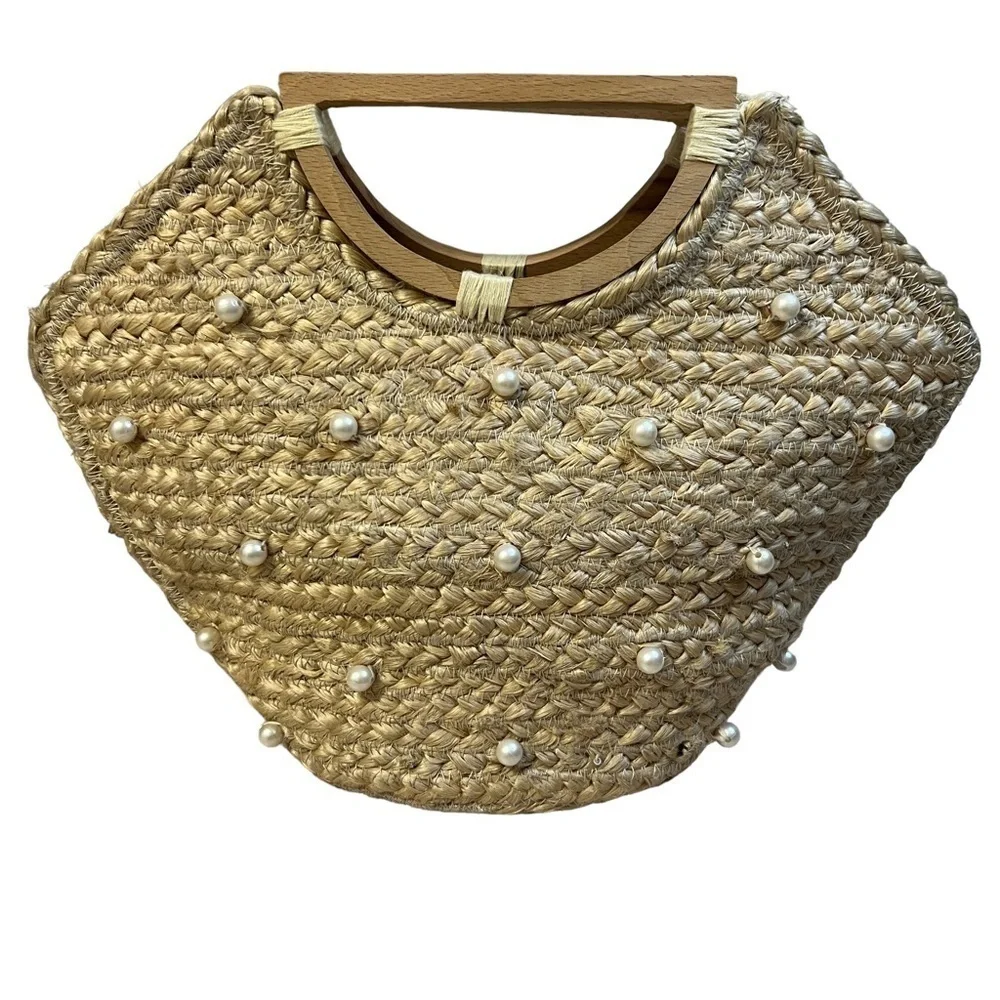 SHIRALEAH Chicago 100% Jute Wood Handles Pearl Accent Dominica Mini Tote